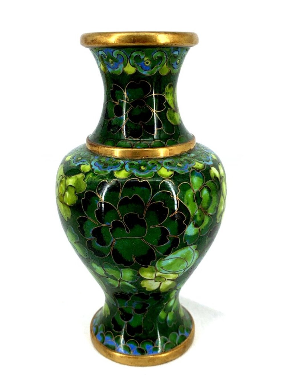 Cloisonne Vase Green Floral 5" Enamel over Brass Vintage